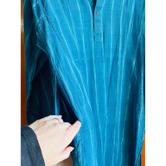 Prabartana Men's Punjabi Kurta 100% Cotton Hand Loomed Blue Teal Striped Tunic - Picture 7 of 12
